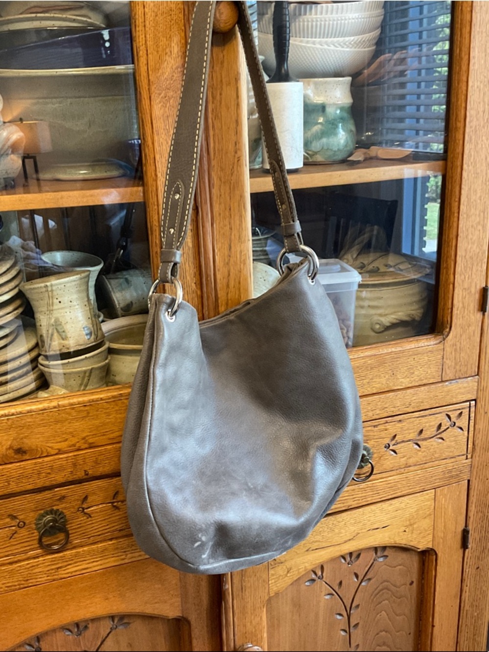 Roots Large Gray Leather Hobo Shoulder Bag